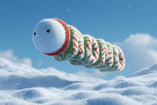 Una adorable oruga tejida flotando sobre un paisaje nevado.