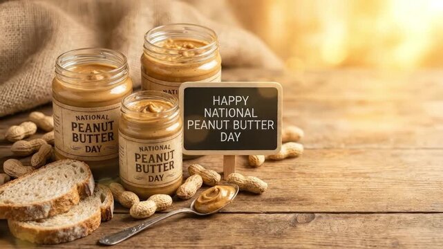 This inviting still life captures the essence of wholesome indulgence with three glass jars generously filled with creamy and smooth peanut spread, artfully arranged on a rustic wooden tabletop. Scatt