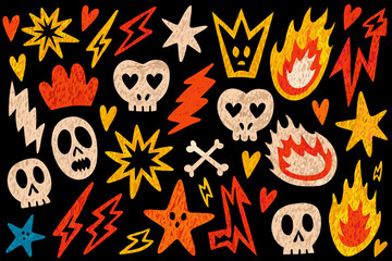 A dark background featuring bold playful doodles of skulls hearts and lightning bolts