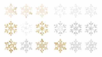 A collection of delicate golden and silver snowflakes arranged on a white background