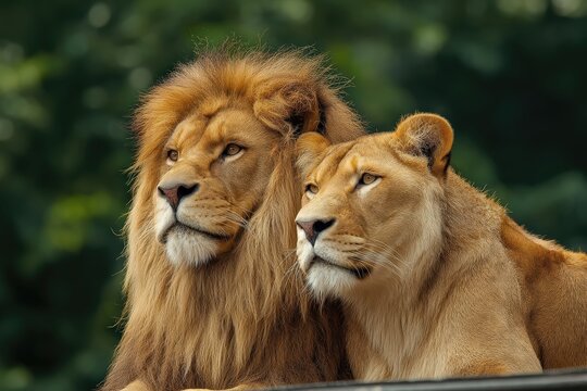 Dos leones majestuosos observan el horizonte con una mirada intensa.