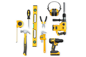 Assorted construction tools including drill, hammer, tape, wrench, and earmuffs isolated on white background, concept of DIY