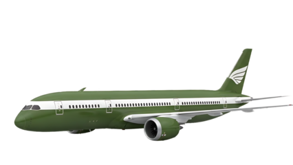 Green and white passenger airplane, side view, isolated on transparent background
