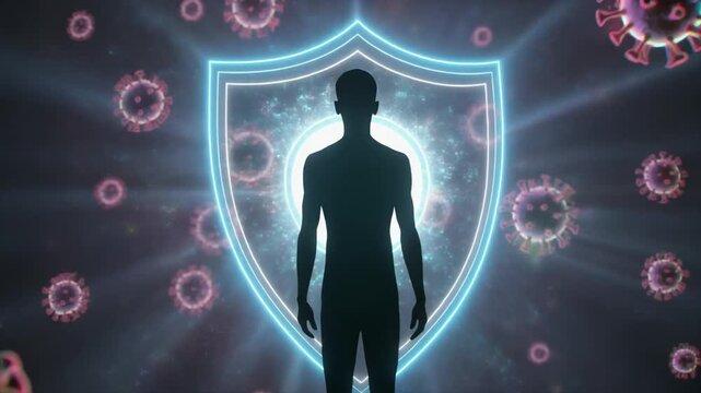 Silhouette of person viruses and immunizing shield suitable for healthcare, medical, virus prevention, pandemic, immunization, p