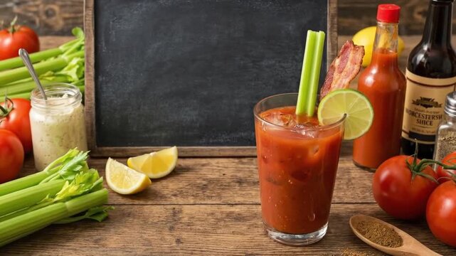 This vibrant, appetizing still life showcases a refreshing savory beverage, typically a tomato-based drink, served in a glass filled with ice and elegantly garnished with a crisp celery stalk and a fr
