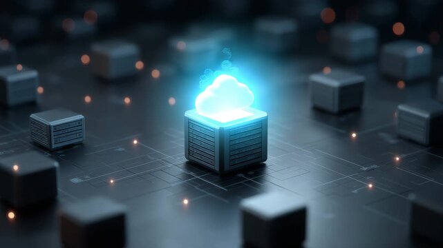 A graphic representation of a centralised data storage facility encircled by network nodes, signifying data management and cloud computing