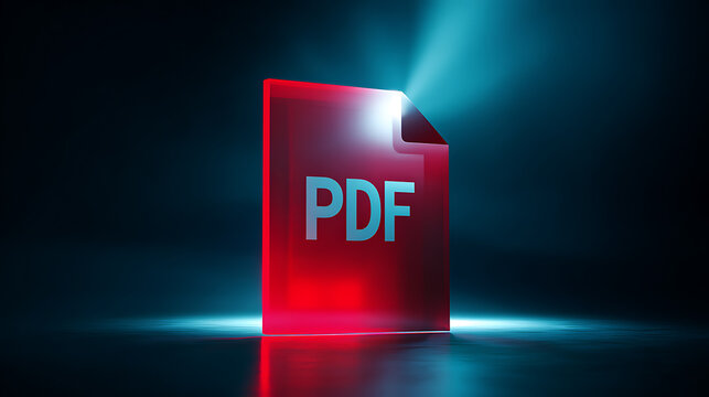A striking red and blue digital rendering of a PDF file icon standing on a reflective surface, bathed in a vibrant glow. Simplicity meets modern design. Bold.