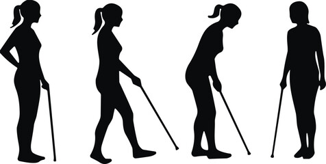 Obraz premium Silhouette collection of women walking with canes showing mobility assistance, disability support poses, rehabilitation walking figures, injury recovery and health illustrations