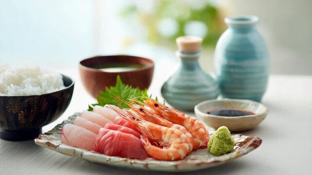 Fresh Sashimi and Ebi Served with Steamed Rice
