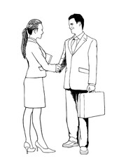 Black and white sketch of business woman and man talking, vector illustration