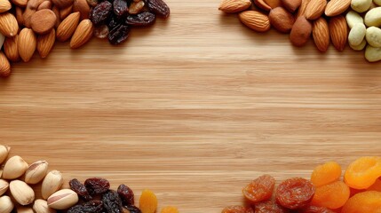 Assorted Nuts and Dried Fruits Framed on Wooden Surface for Healthy Snack Options and Culinary Decorations in Vibrant Colors