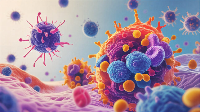 Abstract Immune Response and Tumor Cell Interaction in Vibrant Colors. Ideal for use in oncology, immunology, immunotherapy research, biotechnology publications, and medical educational materials.
