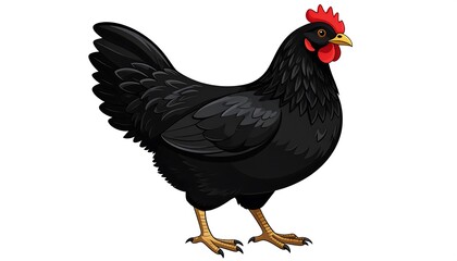 Fototapeta premium A cartoon depiction of a black hen in full profile against a plain white background