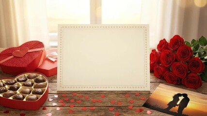 This warm and inviting still life captures the essence of romance and heartfelt celebration, making it ideal for content related to love, anniversaries, or special gifting occasions. A prominent blank