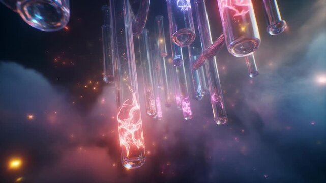 fantasy video of glowing crystal pipes suspended in the air, bright liquid light flowing