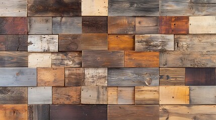 A detailed shot of a rustic wooden wall with blocks of various colors, textures, and grains, making for a warm, natural background