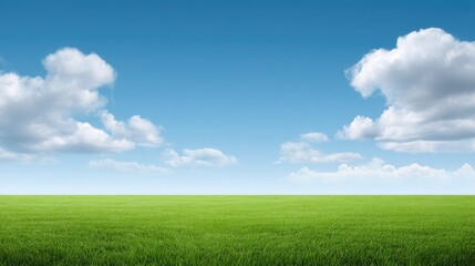 Obraz premium Lush Green Field Under Clear Blue Sky with Fluffy White Clouds Perfect for Nature and Landscape Photography