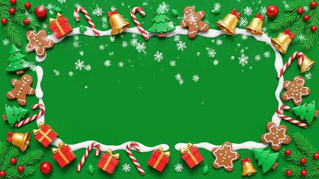 Animated christmas holiday border frame video motion graphic with festive decorations and falling snow on chroma key green screen background