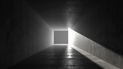 Minimalist Abstract Long Corridor with Deep Perspective, Harsh Light at End Contrasts Rough Walls, Conceptual Art