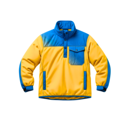 Yellow and blue fleece pullover jacket with snap button placket and chest pocket, isolated on transparent background.