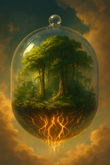 Floating Terrarium Illustration &ndash; Miniature Ecosystem in Glass Sphere with Glowing Roots, Lush Trees, Cloudscape, and Surreal Fantasy Landscape in Golden Light