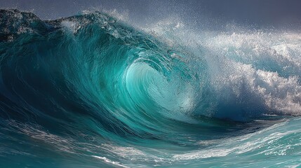 Stunning, powerful turquoise ocean wave cresting dramatically with brilliant white spray against a deep blue sky
