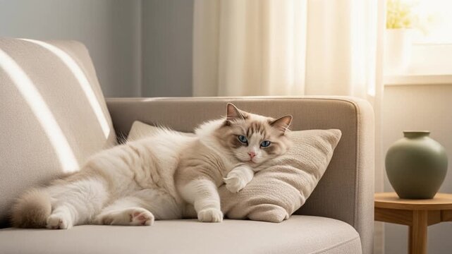 明るいリビングのソファでくつろぐラグドール