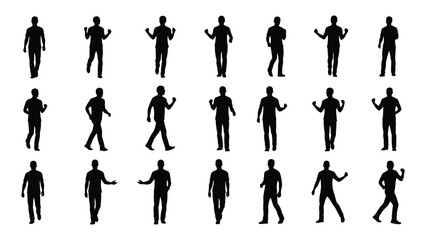 Silhouette set of man walking and standing in various poses on white background
