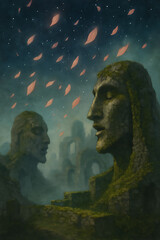Mystical Moss-Covered Stone Statues Illustration &ndash; Ancient Ruins and Forgotten Civilization in Surreal Fantasy Landscape with Eerie Twilight, Starry Sky, and Ethereal Glow