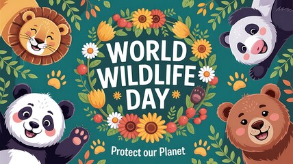 World wildlife day cute animal illustration with panda, lion, and bear surrounded by colorful flowers and leaves promoting planet protection