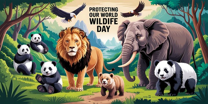 Vibrant wildlife illustration featuring lions, elephants, pandas, bears, and eagles in a lush forest setting celebrating world wildlife day - Powered by Adobe