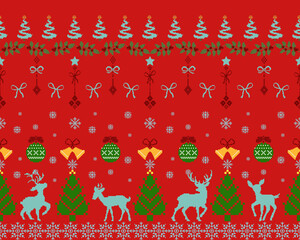 Seamless Christmas Knitted Pattern.Red Pixel Art Ugly Sweater Style with Reindeer, Trees, Bells and Snowflakes.
