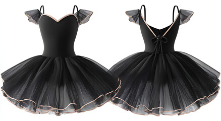 Front and back view of black ballet tutu with delicate rose gold trim on ruffles and shoulder straps