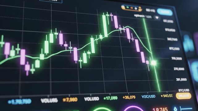 Cryptocurrency trading chart with green and purple candlestick patterns showing market fluctuations, volume data, and price indicators digital screen illustrating financial analysis and market trends