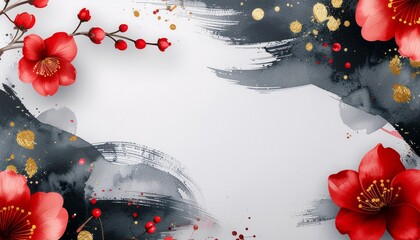 Traditional ink background chinese new year frame, red flower, chinese traditional background