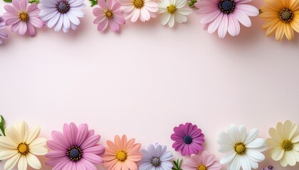 【コピースペース】春の訪れを感じるカラフルな花々のフレーム（ワイド版）