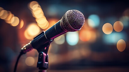 A gleaming microphone stands poised ready for performance in a blurred setting