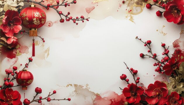 Chinese new year frame with watercolor beige background, chinese traditional theme - Powered by Adobe