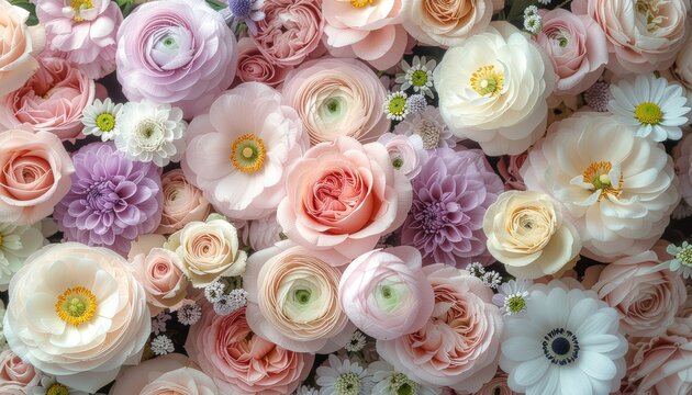 【トップビュー】ピンクと紫の多種多様な花々が埋め尽くすロマンチックな背景