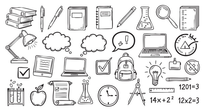 Back to school illustration with books laptop and science elements