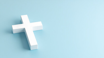 Obraz premium Minimalist cross on blue symbolizes faith, hope and spiritual reflection. Its simplicity invites contemplation of deeper meaning. Reminder of the power of belief.