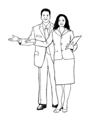Black and white sketch of a businessman, male and female, vector illustration