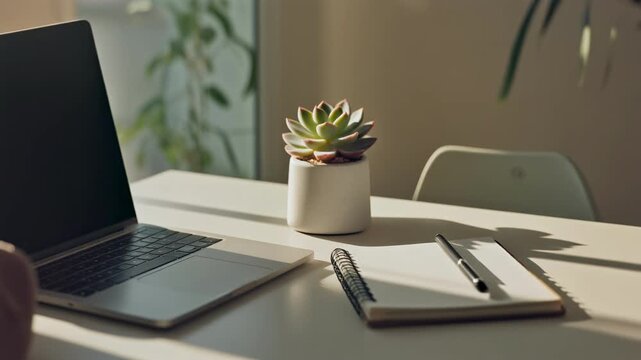 Clean Modern Office Desk with Laptop, Notebook, and Succulent in Soft Morning Sunlight &mdash; Minimal Workspace Representing Remote Work and Freelancer Lifestyle