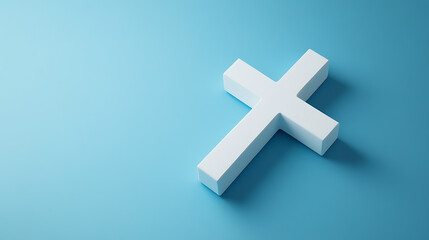 Obraz premium A pristine white cross symbol, simple yet profound, set against a calming blue background. Symbolizes faith, hope, and love, offering solace and inspiration to all.