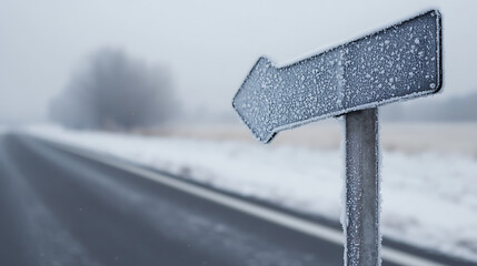A frosty signpost on a deserted road points left in a winter landscape. The arrow is covered in ice crystals, indicating cold weather and potential travel challenges.