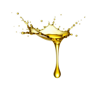 Oily splashes with a dripping drop isolated on white background. Generative AI