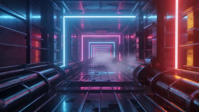 glowing neon pipes in a futuristic sci-fi corridor, transparent energy tubes, cyberpunk 