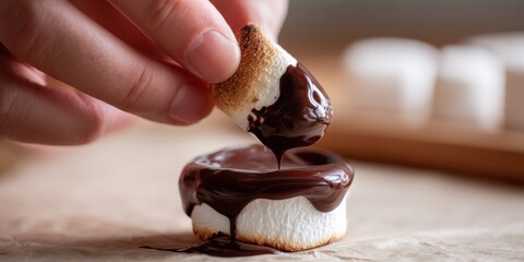 Hand dipping toasted marshmallow into melted chocolate sauce dessert