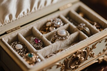 An ornate jewelry box with compartments containing various rings adorned with gemstones and intricate metalwork.