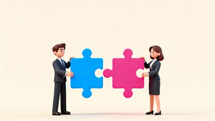 A man and woman in office suits hold large, multicolored puzzle pieces. They assemble them together, symbolizing teamwork and collaboration against a minimalist beige background.